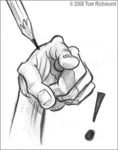 a drawing of a hand holding a pencil and pointing at something in the other hand