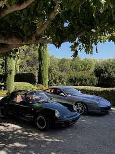 two sports cars parked next to each other in front of some bushes and trees on a sunny day