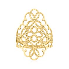 Ross-Simons - Italian 14kt Yellow Gold Filigree Ring Size 9. Glorious Italian filigree will never fall out of style! Our impressive ring is crafted from 14kt yellow gold with textured and polished finishes, creating this stunning openwork design. 1 1/8" wide. 14kt yellow gold filigree ring. Jewelry Presentation, Gold Ring For Women, Timeless Looks, Filigree Ring Gold, Gold Filigree, Filigree Ring, Size 10 Rings, Yellow Gold Rings, Womens Jewelry Rings