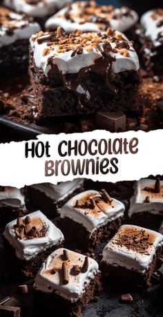 chocolate brownies with marshmallows on top and the words hot chocolate brownies above them