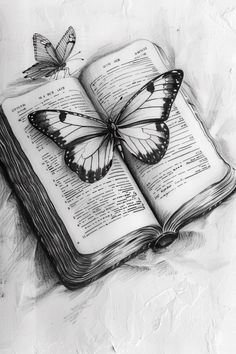 a butterfly sitting on top of an open book with music sheets and butterflies flying over it