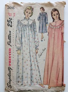 "Simplicity 2646 Misses' sewing pattern Please refer to photo of envelope backing for pattern description. Tissue pieces and instructions verified and contains pattern number. Size 16 Bust 34\" Waist 28\" Hip 37\" Pattern tissue: All 6 pieces counted. All pieces cut on or near the cut line, with either pinking shears or scissors, or both. Piece C Sleeve was cut to View 2 and extension included. May or may not have pinholes, small holes, microtears, and/or tailor's marks/notes (ie from tracing wh Bathrobe Pattern, 1950s Nightgown, Victorian Nightgown, Nightgown Pattern, Pijamas Women, Nightgown Dress, Куклы American Girl, Flannel Nightgown, Vintage Nightgown