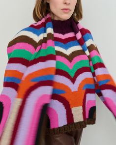 Created in collaboration with artist Sarah Boys Yodar, this alpaca-wool scarf translates her bold, abstract artwork into a graphic, intarsia design. Contrast fine-rib trim Jersey intarsia stitch 45% baby alpaca, 34% alpaca, 18% polyamide, 3% wool Dry clean Made in Peru Size & Fit Dimensions: 24in W x 80in L Knit Alpaca, Baby Alpaca, Alpaca Wool, Wool Scarf, Colorful Fashion, Alpaca, Peru, Dry Clean, Abstract Artwork