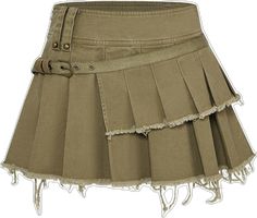 Cotton Mini Skirt With Belt Loops, Grunge Mini Skort For Spring, Spring Grunge Mini Skort, Spring Grunge Mini Skirt Skort, Spring Mini Length Grunge Skort, Trendy Khaki Cargo Skirt For Summer, High Waist Khaki Cargo Skirt For Spring, Casual Khaki Mini Skirt, Trendy Khaki Mini Skirt