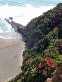 the beach is surrounded by lush green trees and bushes on both sides of the cliff