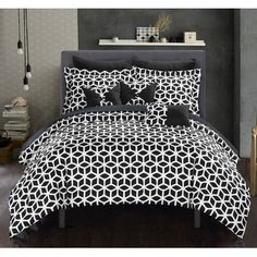 black and white bedding with geometric design