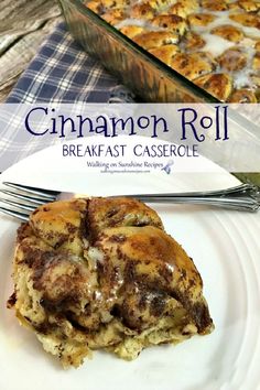 cinnamon roll breakfast casserole on a white plate