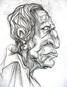 a black and white drawing of a man's face with his hair blowing in the wind