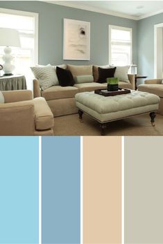 a living room filled with furniture and lots of color swatches in shades of blue, beige