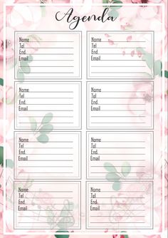 the printable agenda is shown with pink flowers