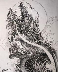 a drawing of a dragon with flowers on it