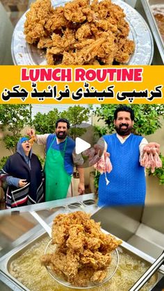 some food is being served on a plate and people are standing in front of it