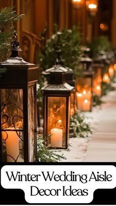 Rustic winter wedding aisle decor featuring vintage lanterns with LED candles, sprigs of evergreen, and pinecones on a snow-dusted path. Indoor Wedding Ceremony Decorations Aisle, Winter Wedding Aisle Decorations, Outdoor Winter Wedding Ceremony, Winter Backyard Wedding, Winter Wedding Aisle, Simple Winter Wedding, Indoor Winter Wedding, Wedding Aisle Candles, Outdoor Wedding Aisle