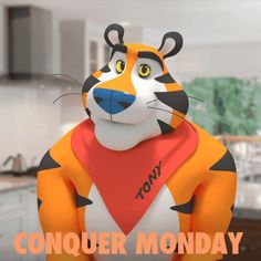 an animated tiger wearing a bib and bandanna with the words conquer monday on it