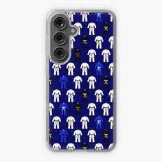 an iphone case with blue, white and black pattern on the back shows two men standing in front of each other