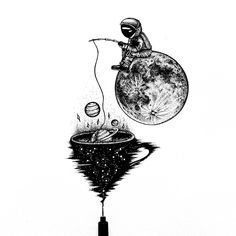 a drawing of an astronaut floating in the water with a balloon attached to his head