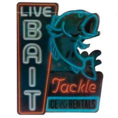 a neon sign that says live bass tackle ice and rentals with a fish on it