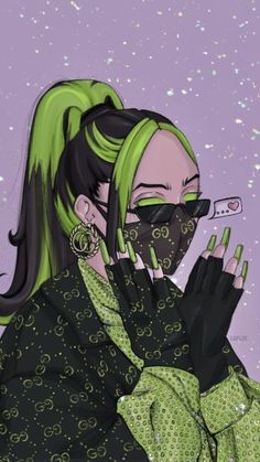 a drawing of a woman with green hair and black gloves holding a cell phone up to her face