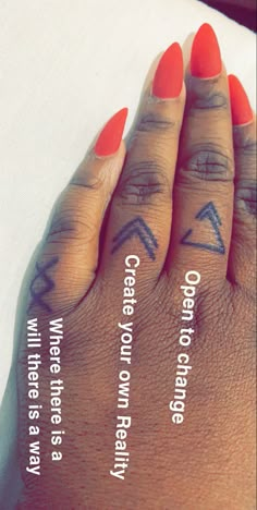 a woman's hand with three different tattoos on her fingers and the words written below it