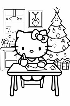 a hello kitty coloring page with a christmas tree in the background and presents on the table