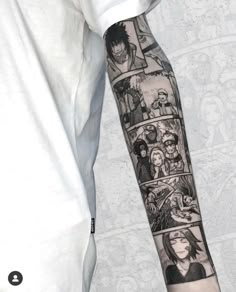 a man with a tattoo on his arm that has many different pictures and words on it