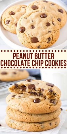 peanut butter chocolate chip cookies stacked on top of each other with the title above it