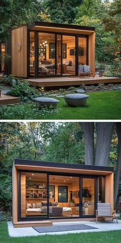 Modern backyard guest house with large sliding glass doors, cozy wooden interior, and lush garden surroundings. Perfect small space inspiration. Outdoor Guest House, Houses Design Ideas, Backyard Adu, Eclectic Design Style, Houses Design, Open Concept Layout, Guest Houses, Living Room Loft