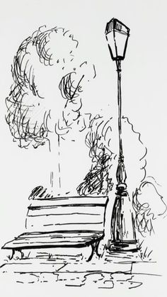 a black and white drawing of a park bench next to a lamp post with a tree in the background