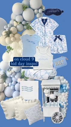 a collage of blue and white items with the words on cloud 9, but day instead