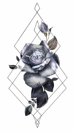 a drawing of a rose with leaves on it's side and an abstract diamond in the background