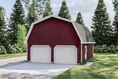 a red barn with two garages on the side