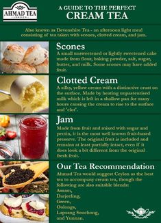 a menu with different types of food and drinks on it, including cream teas