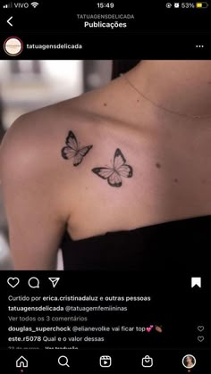 the back of a woman's shoulder with two butterflies on her left shoulder and an upper