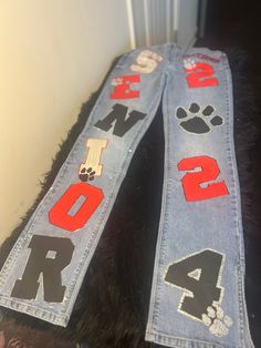 Sr Painted Jeans, Spirt Jeans Homecoming, Cady Studios Senior Pictures Outfits, Senior Pants High Schools 2025, Senior Pants Ideas Paint, Senior Picture Ideas Jeans And Top, Purple Senior Jeans, Senior Jeans Red And Black, Homecoming Painted Jeans Ideas