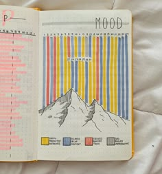 an open notebook with colorful lines and mountains