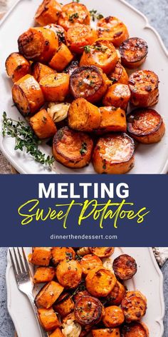 a white plate topped with sweet potatoes next to a fork