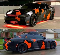 two different cars with orange and black camouflage paint on the hood, side by side