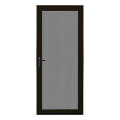 an open door with a screen on the front and side panels in dark brown color