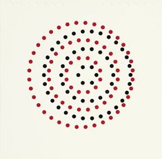 an abstract painting with red, black and white dots in the center on a white background