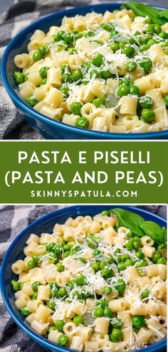 pasta and peas with parmesan cheese in a blue bowl on a checkered table cloth