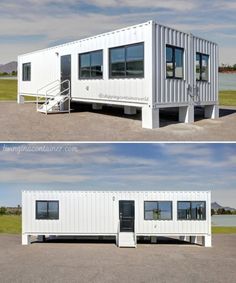 two pictures side by side of a white shipping container and the same one with windows