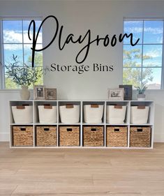 the playroom storage bins are organized with baskets