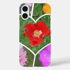 an iphone case with different flowers in the shape of a heart on top of it