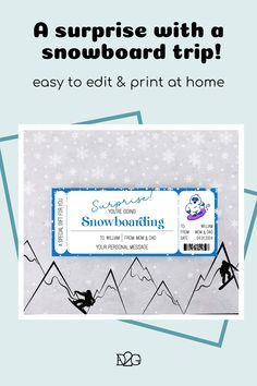 You can see a voucher in the colour white with blue lettering and a blue border. You can personalise data such as name, date, place and there is a white yeti on the snowboard. Baseball Ticket Gift Surprise, Ski Trip Gift Basket, Hockey Ticket Gift Ideas, Mock Season Tickets For Baseball For Gifts