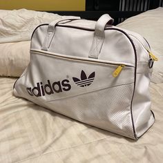 Adidas Faux Leather White, Maroon, Yellow Handle Bag. Smaller Size And A Little Lean. Zipper In Great Condition. A Few Blemishes Here And There Adidas Bags, Bags Vintage, Adidas White, Duffel Bags, Vintage Adidas, White Adidas, Handle Bag, Duffel Bag, Adidas Men