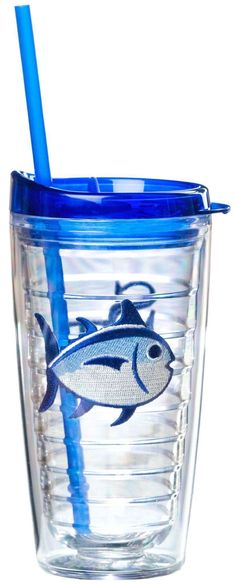 a plastic cup with a blue lid and a straw in the shape of a fish