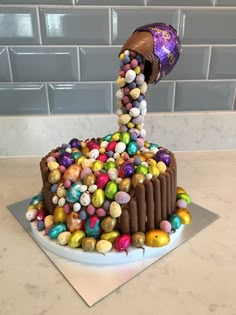 there is a cake made out of candy and eggs