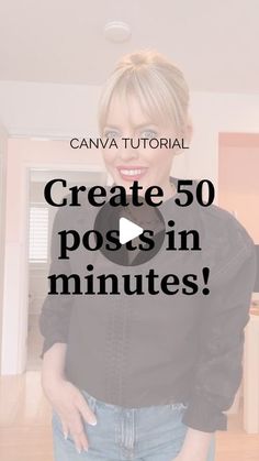 a woman standing in front of a mirror with the words create 50 posts in minutes