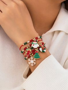 5pcs/Set Personalized Christmas Santa Claus & Snowflake Shaped Pendant Bracelet Jewelry Set, Christmas Gift Multicolor    Artificial Crystal     Women Fashion Jewelry, size features are:Bust: ,Length: ,Sleeve Length: Christmas Beaded Bracelets For Kids, Christmas Party Themes, Snowflake Shape, Christmas Accessories, Elastic Bracelet