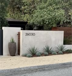 a large planter sitting next to a white wall with the number 2000 written on it